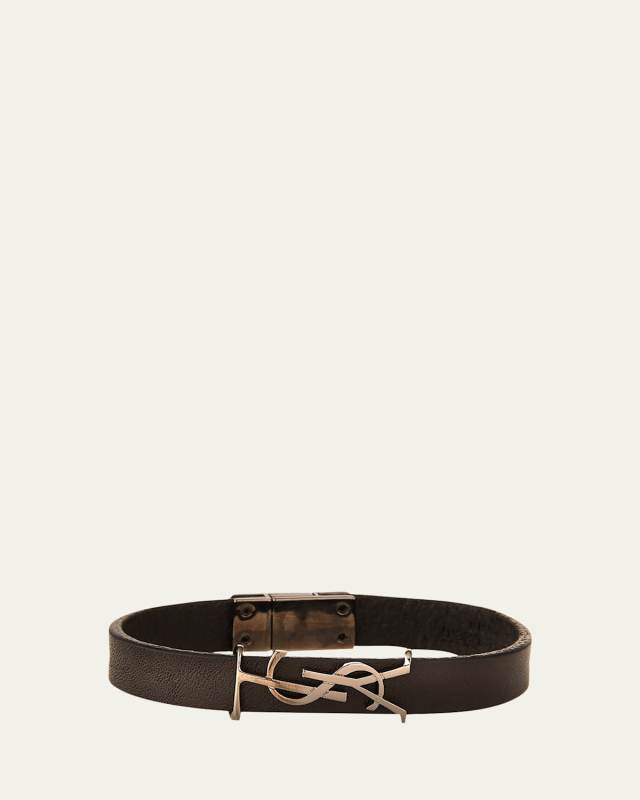 Leather YSL Monogram Bracelet, Black, Size Small